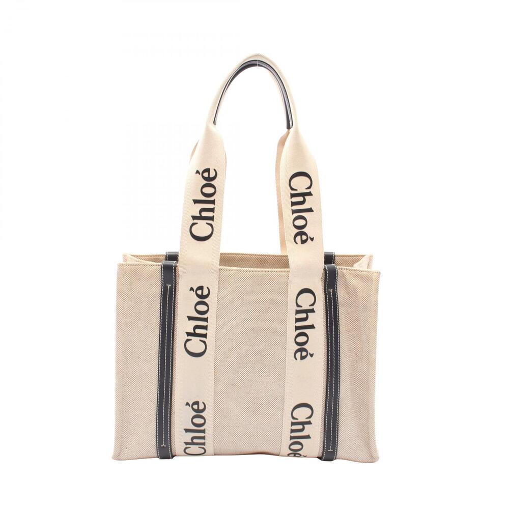 Chloe Woody Tote Bag Canvas Leather Beige Black - Picture 1 of 5